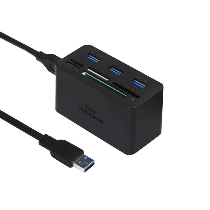 Kingwin USB HUB Adapter w/ Memory Card Reader Writer & USB 3.0 HUB Combo - Supports High Speed SD MS Micro M2 CF Card Reader For Macbook, Laptop, Desktop - Includes USB Cable 5 Gbps Speed, Black - Image 1